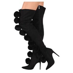 Cape Robbin Black Pom-Pom Knee-High Stiletto Boots 8.5